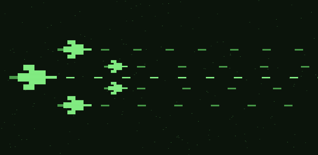 A pixel-art fighter and four wingmen firing tracer bullets across a black starfield, all drawn in bright green.
