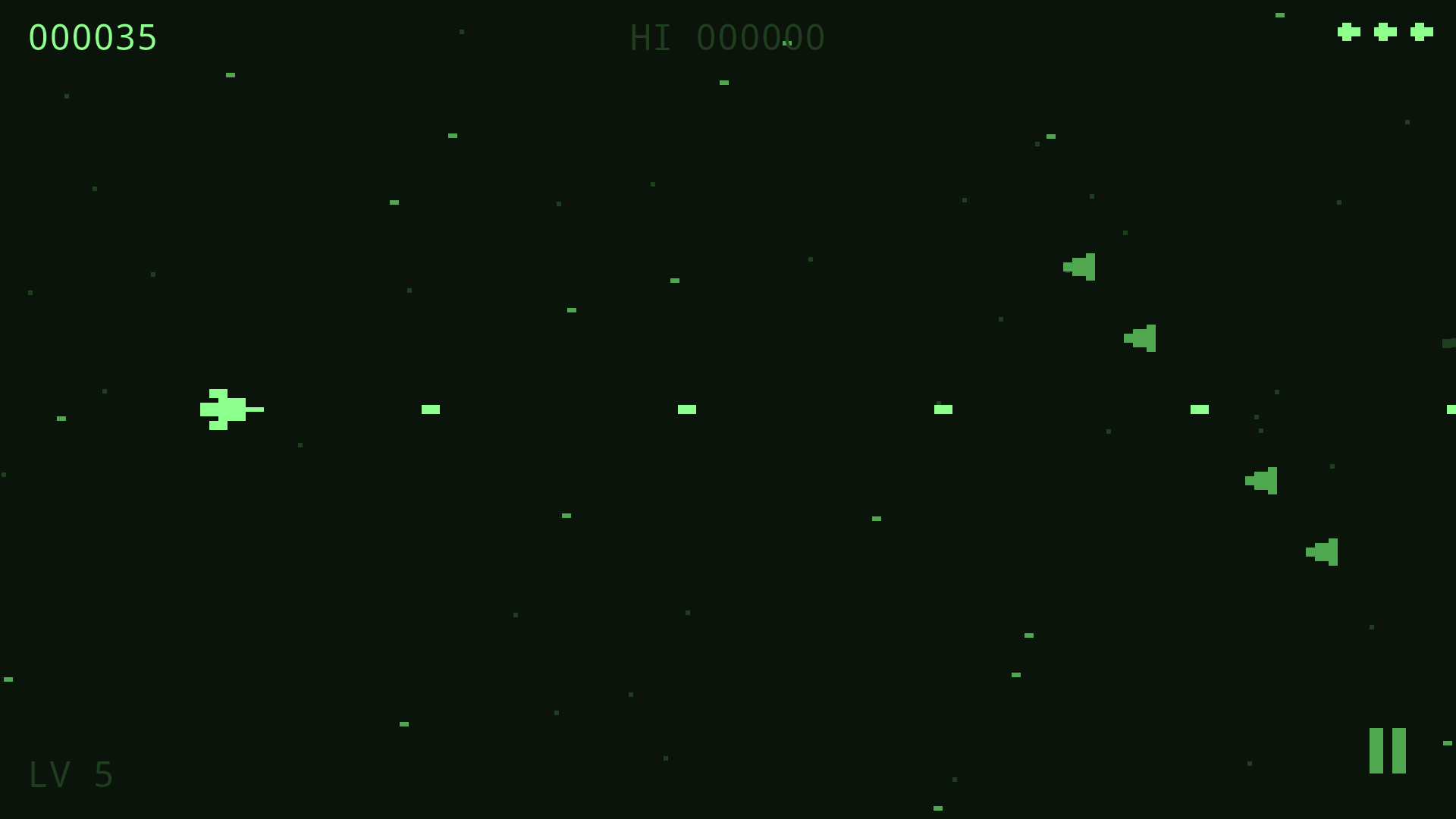 Gameplay on level 5: the player ship on the left, four enemy craft approaching from the right, score and lives along the top.