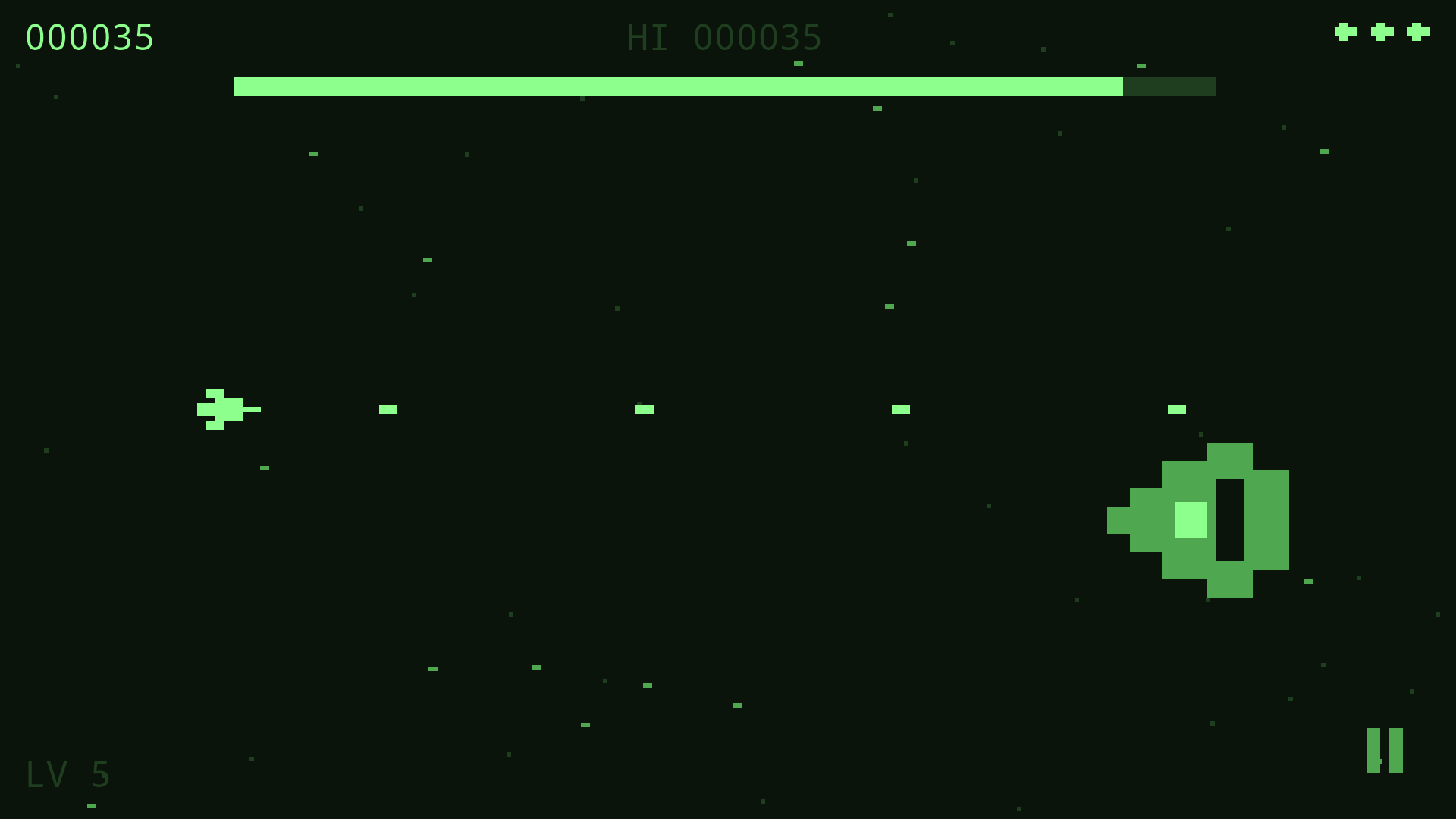 A boss fight: a large pixel-art enemy filling the right of the screen with a health bar above it.