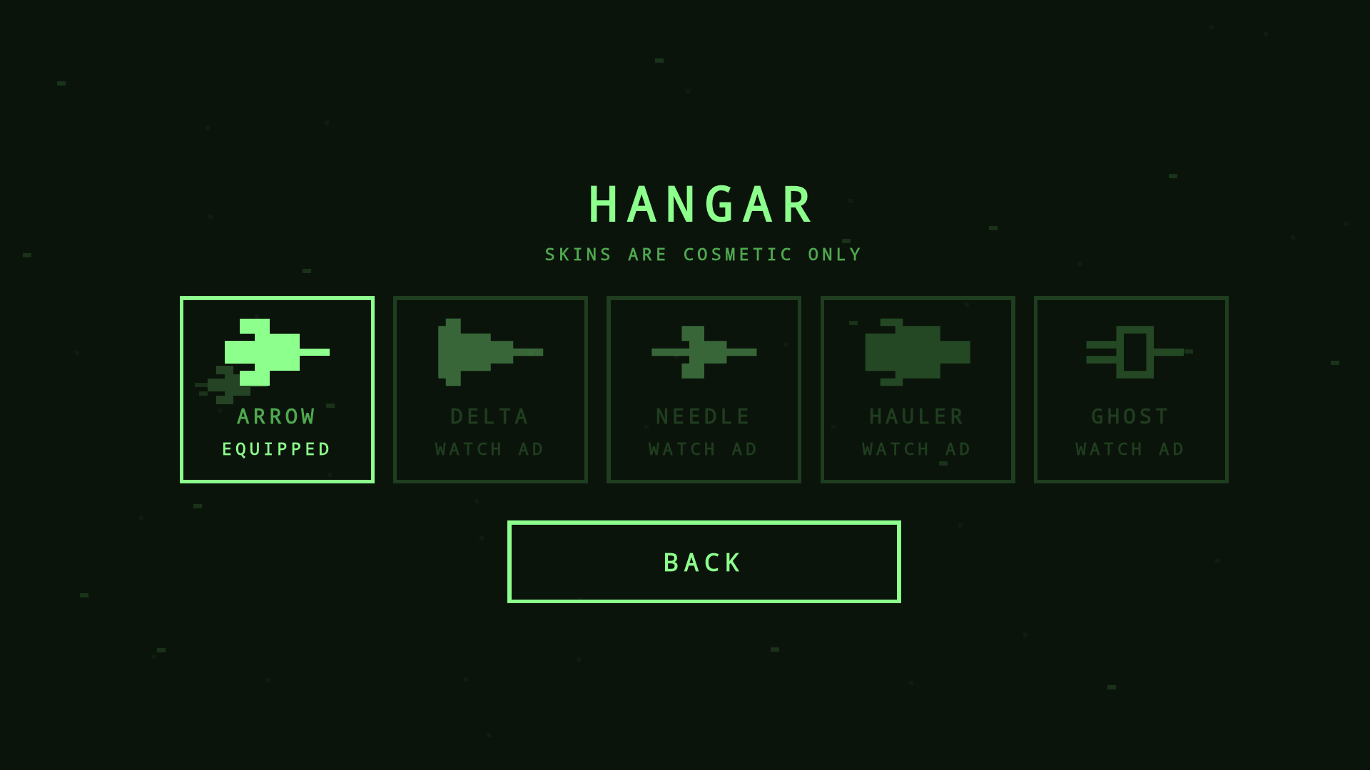 The hangar screen showing the five selectable ship skins in a row.