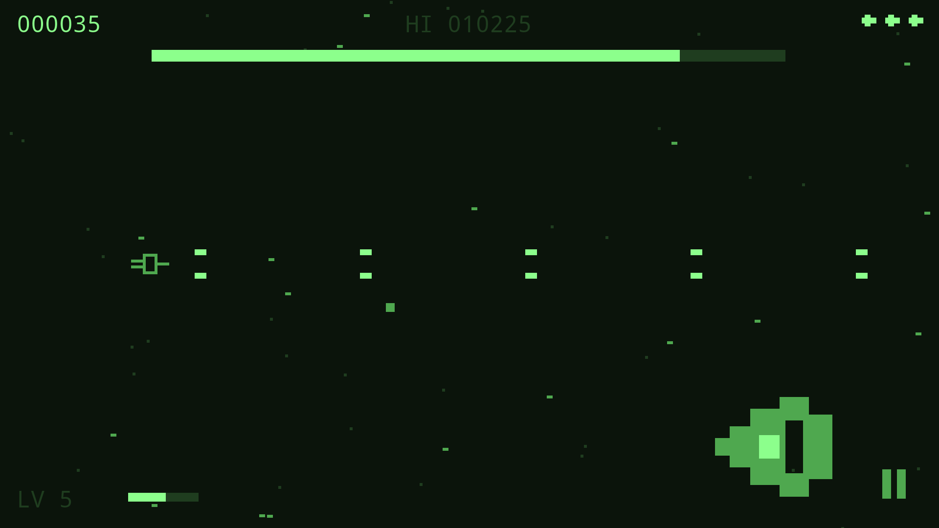 Gameplay with an alternate ship skin equipped, flying through enemy fire.